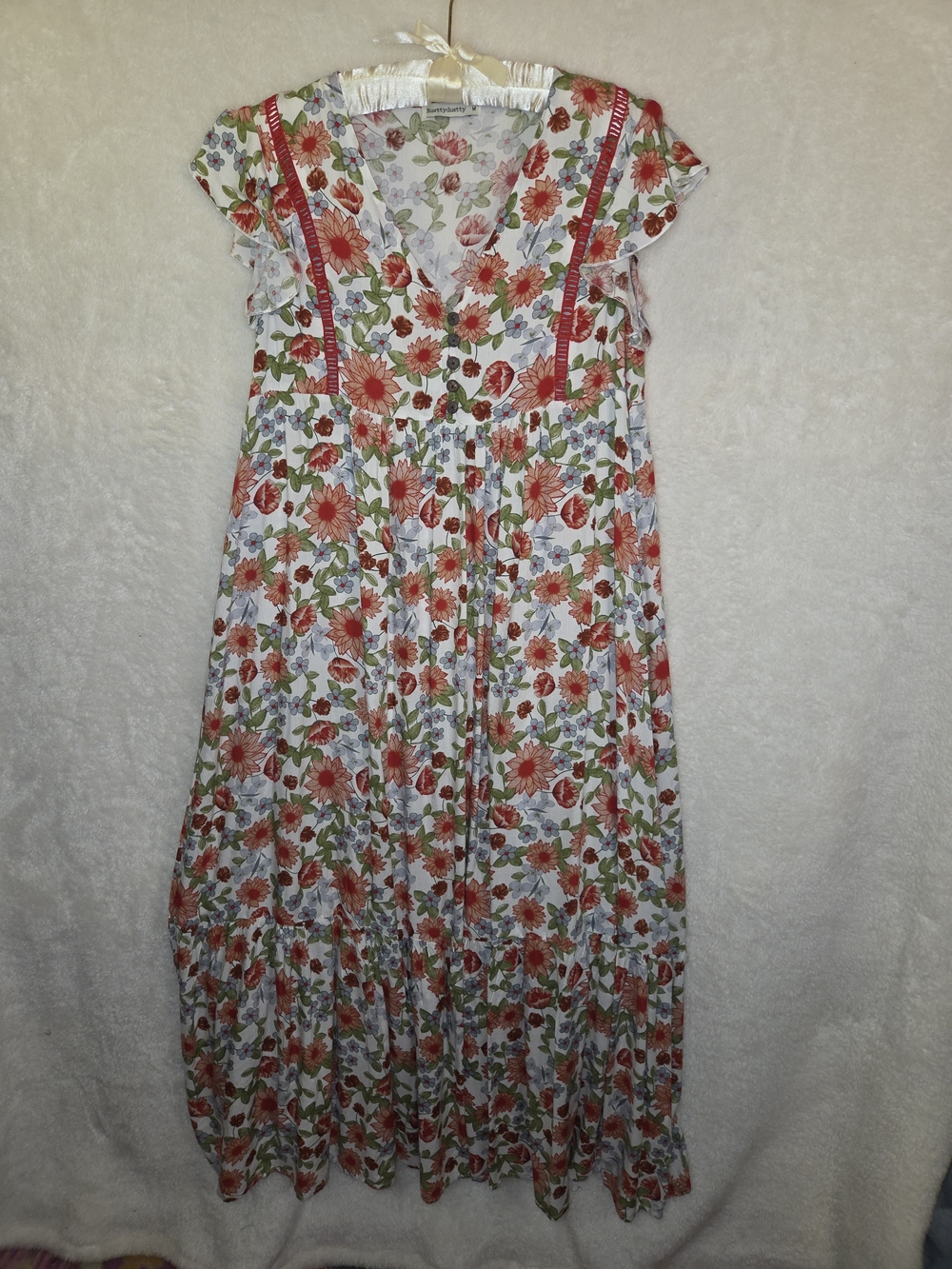 Rusttydustty Womens Floral Maxi Boho Cottage Dress V-Neck Flutter Sleeve Sz M